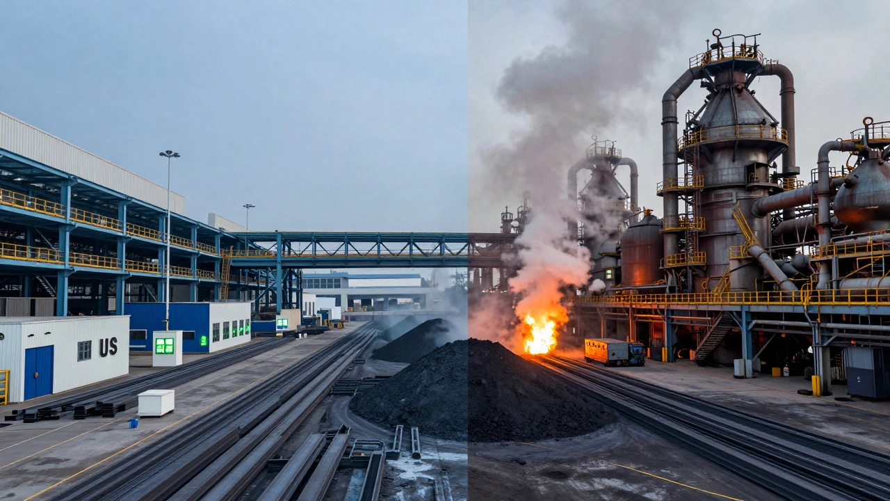 Conceptual art comparing US EAF and Chinese BOF steel production methods