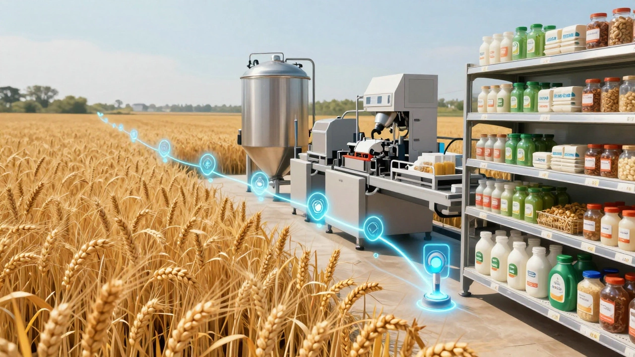 Digital traceability flow connecting farm ingredients to finished food products