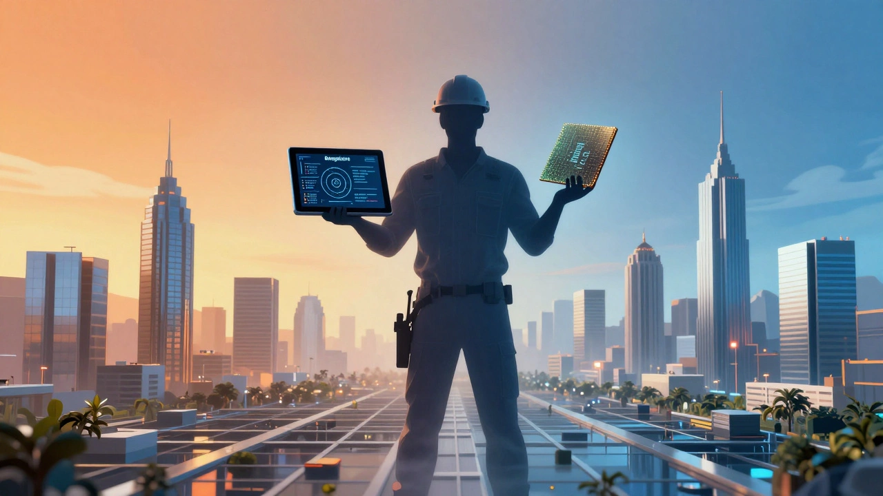 Engineer holding code and silicon chip against blended skylines of two tech hubs