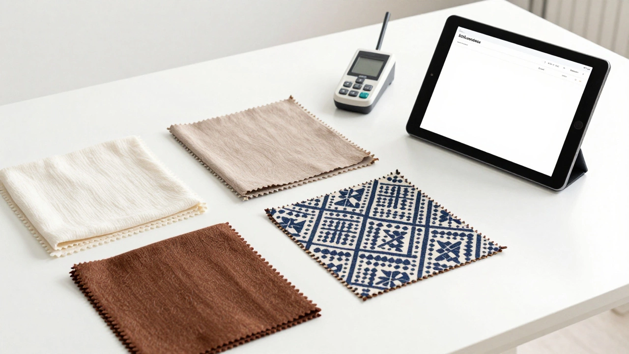Fabric swatches and quality testing tools on a clean white table