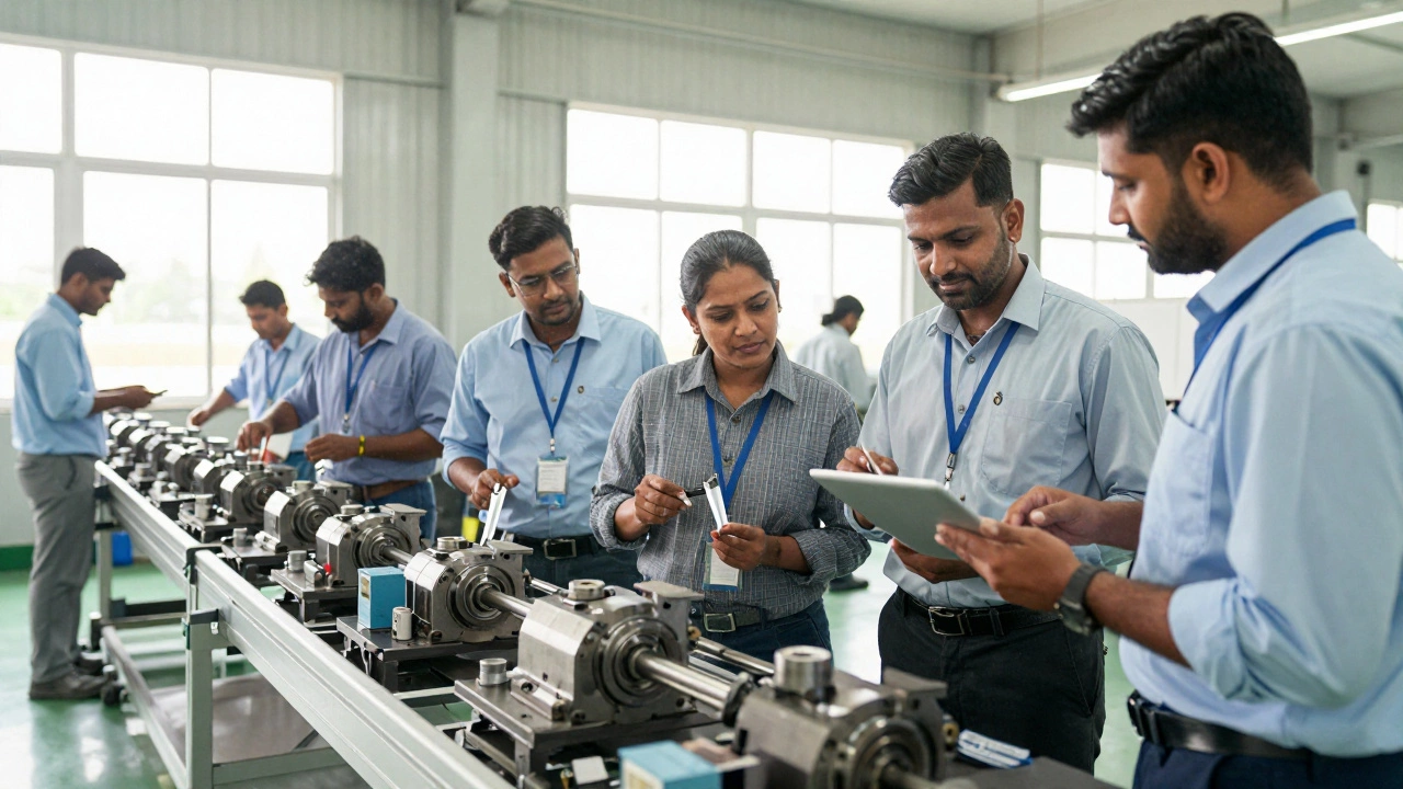 Factory team performing quality control on production line
