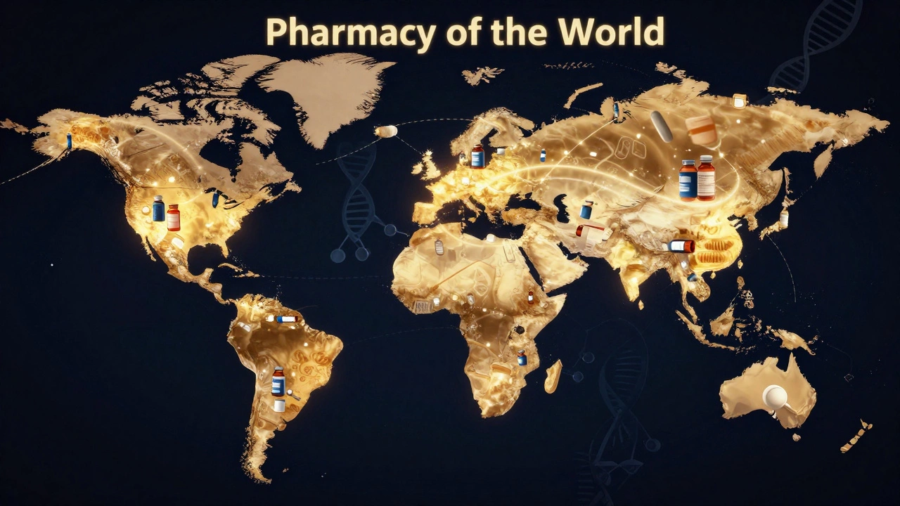 Global map made of medicine bottles flowing from India to the world