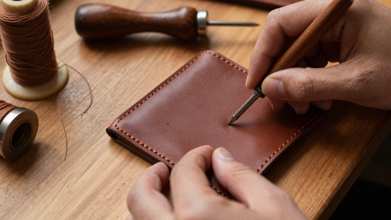 Hands crafting a personalized leather wallet with tools on a wooden workbench