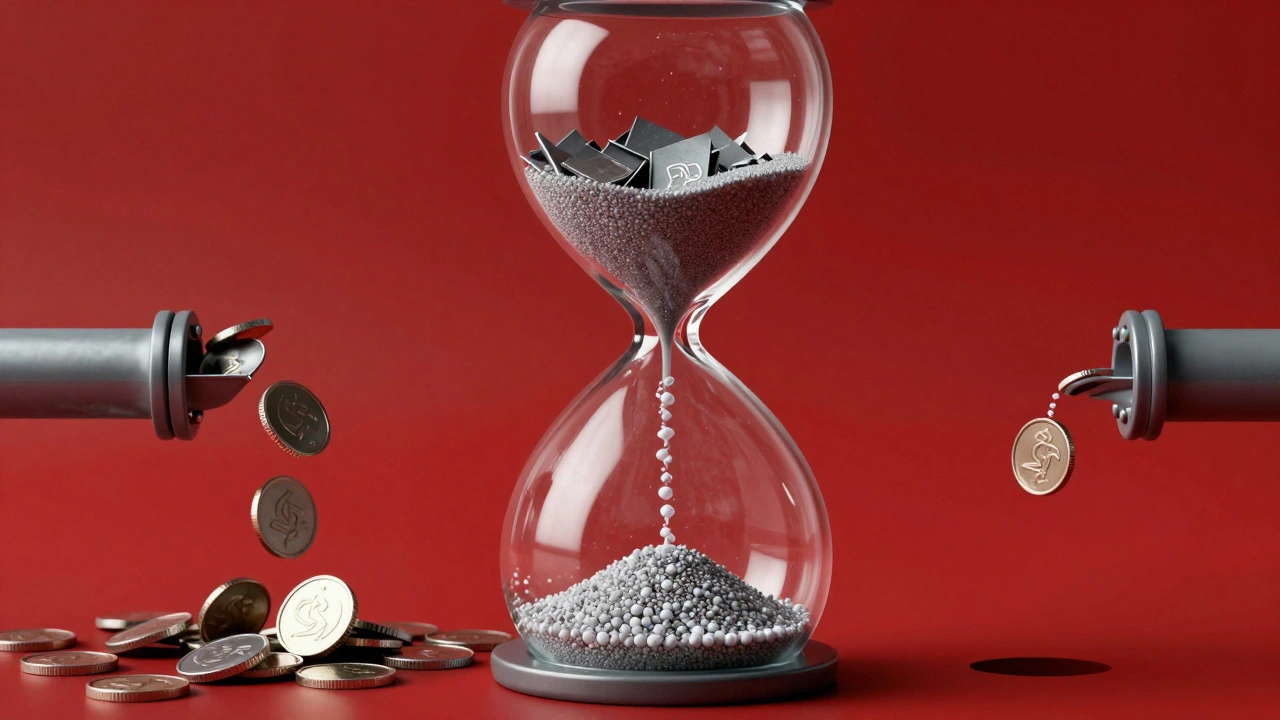 Hourglass with raw materials symbolizing cash flow drain