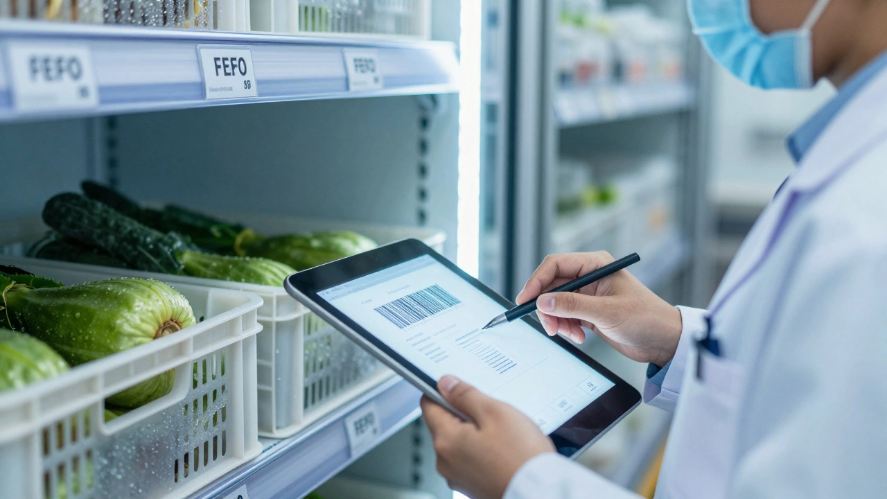 Inspector scanning produce barcodes in a cold storage warehouse for quality