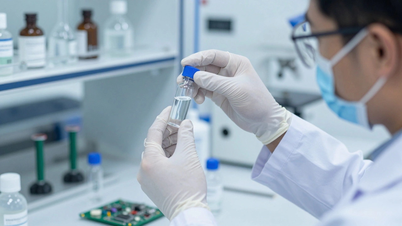 Lab scientist handling chemicals near auto parts