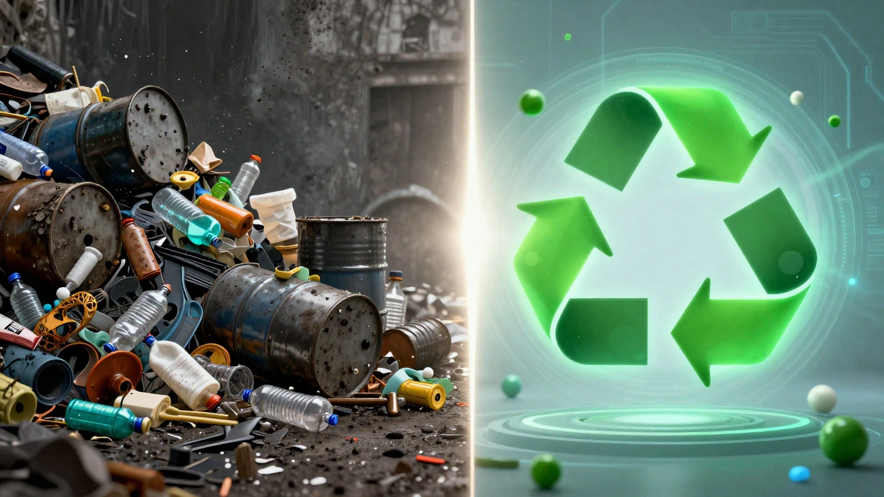 Split image contrasting plastic waste on the left with green recycling innovation on the right