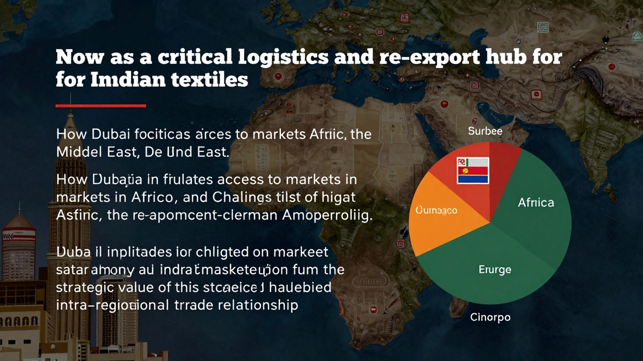 A diagram showing Dubai as a central logistics node, with arrows indicating the flow of Indian textiles into the UAE and their subsequent re-export to various African and Middle Eastern countries, underscoring the UAE's pivotal role as a global trade gateway for Indian manufacturers.