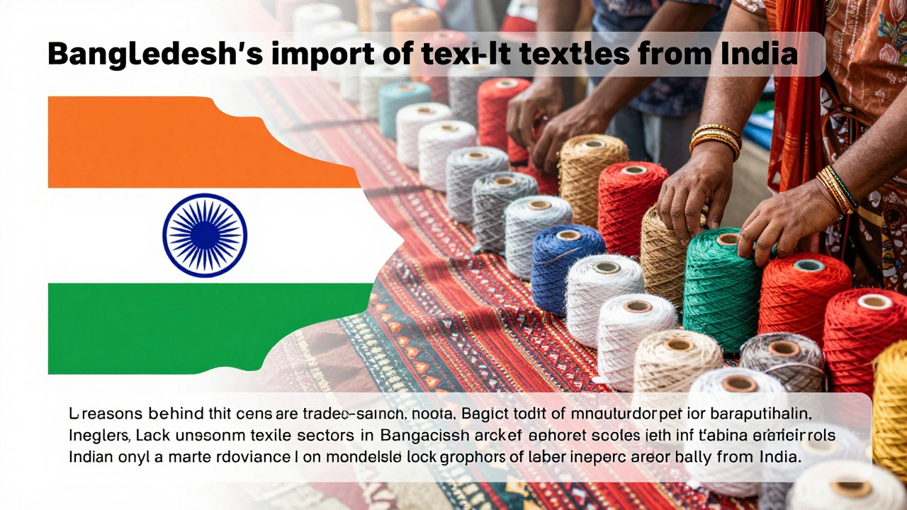 A visual representation of the textile supply chain between India and Bangladesh, showing spools of yarn and rolls of fabric moving from Indian factories to Bangladeshi garment assembly lines, illustrating the complementary nature of their respective industries in the global ready-made garment sector.
