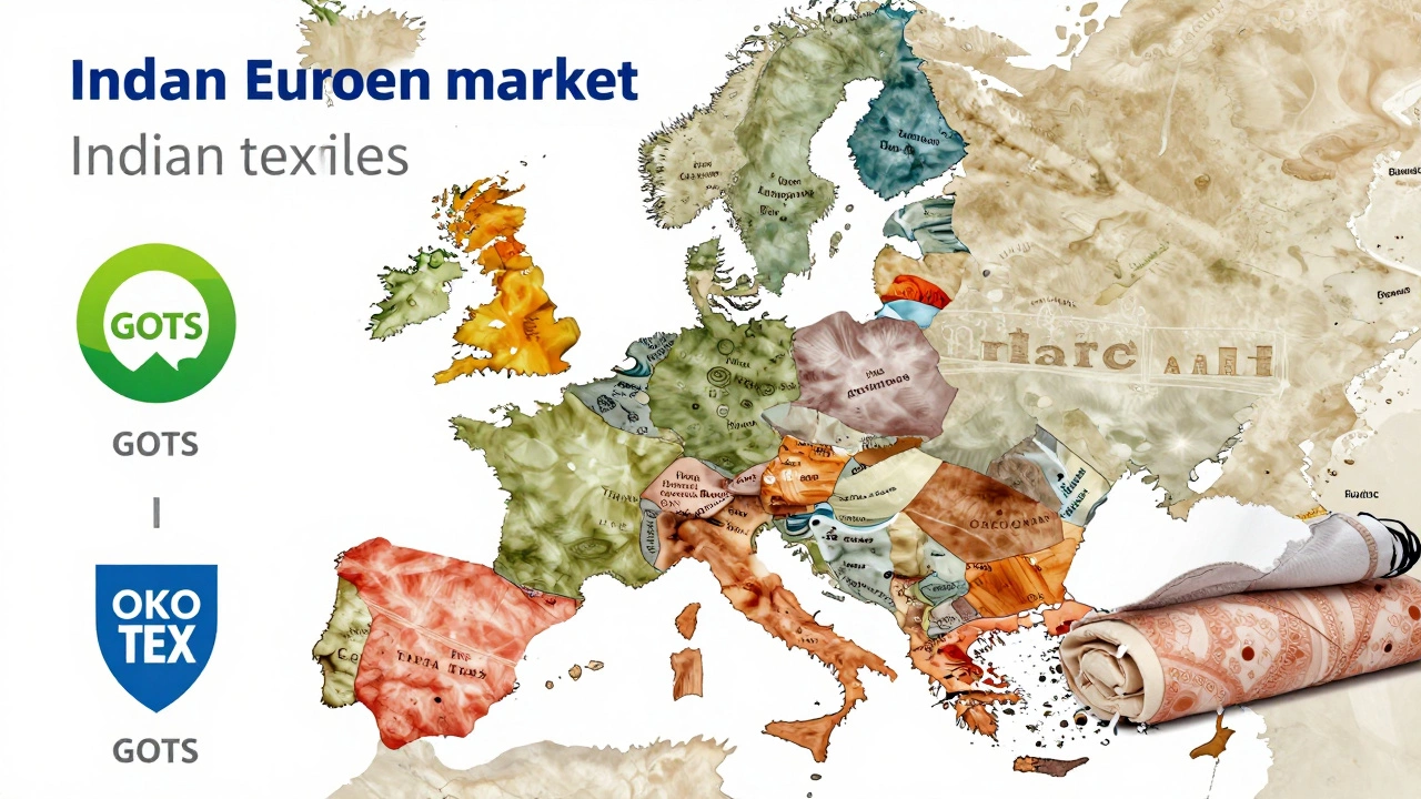 An illustration of sustainable fashion elements, including organic cotton bolls and eco-friendly certification badges (GOTS, OEKO-TEX), connecting India to European cities like Berlin and Paris, representing the EU's focus on ethical sourcing and high-quality, environmentally conscious textile imports.