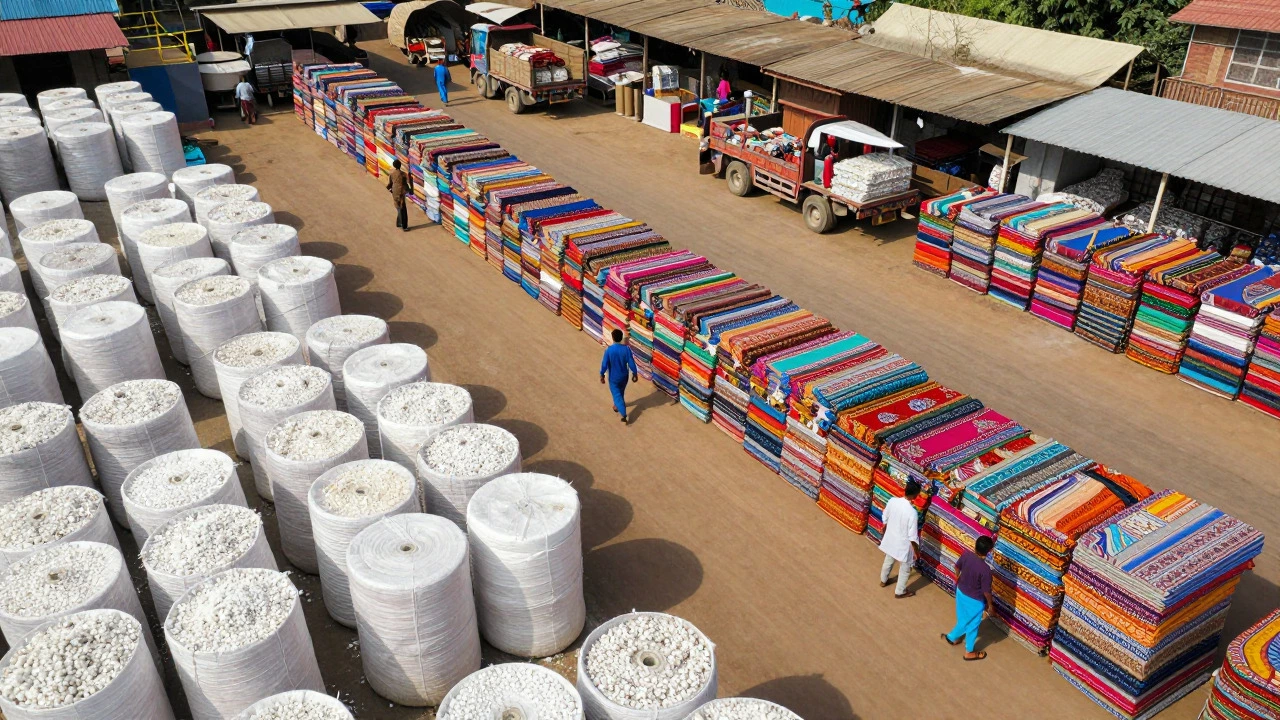 Colorful cotton textiles being loaded for export in an Indian warehouse
