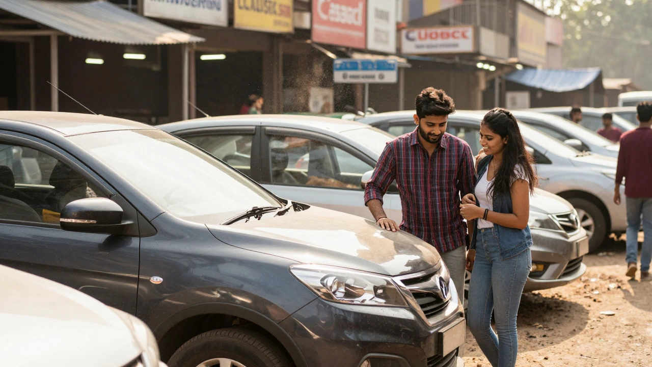 Happy couple inspecting a used SUV at a sunny outdoor lot