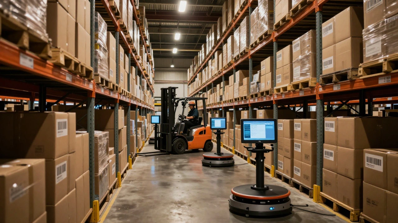Interior of a large automated warehouse with shelves of medicine boxes and AGVs moving.