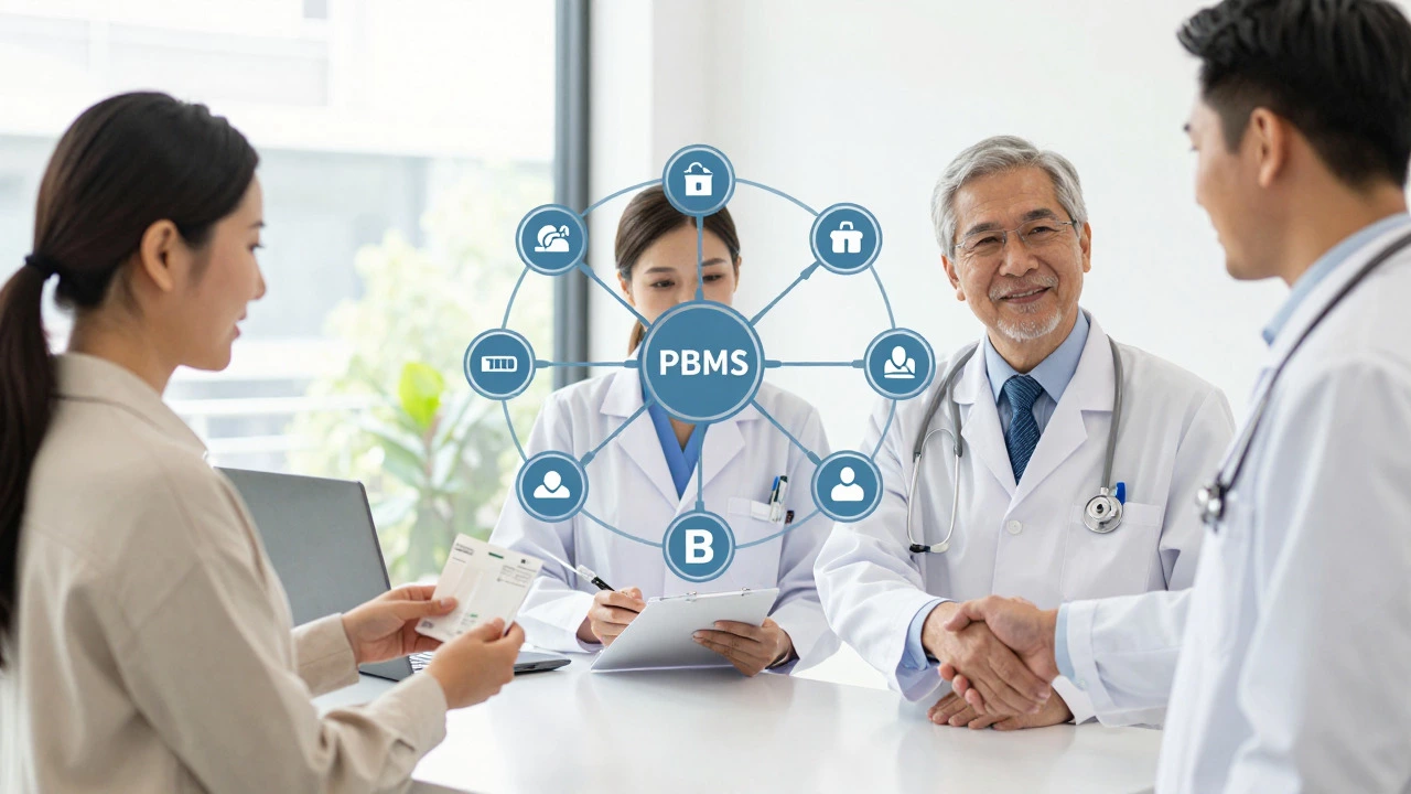 Pharmacist, doctor, and logistics manager collaborating around a network diagram concept.