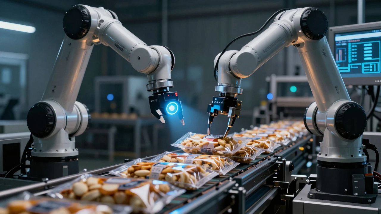 Robotic arm and sensors automating packaging in a high-tech food manufacturing facility.