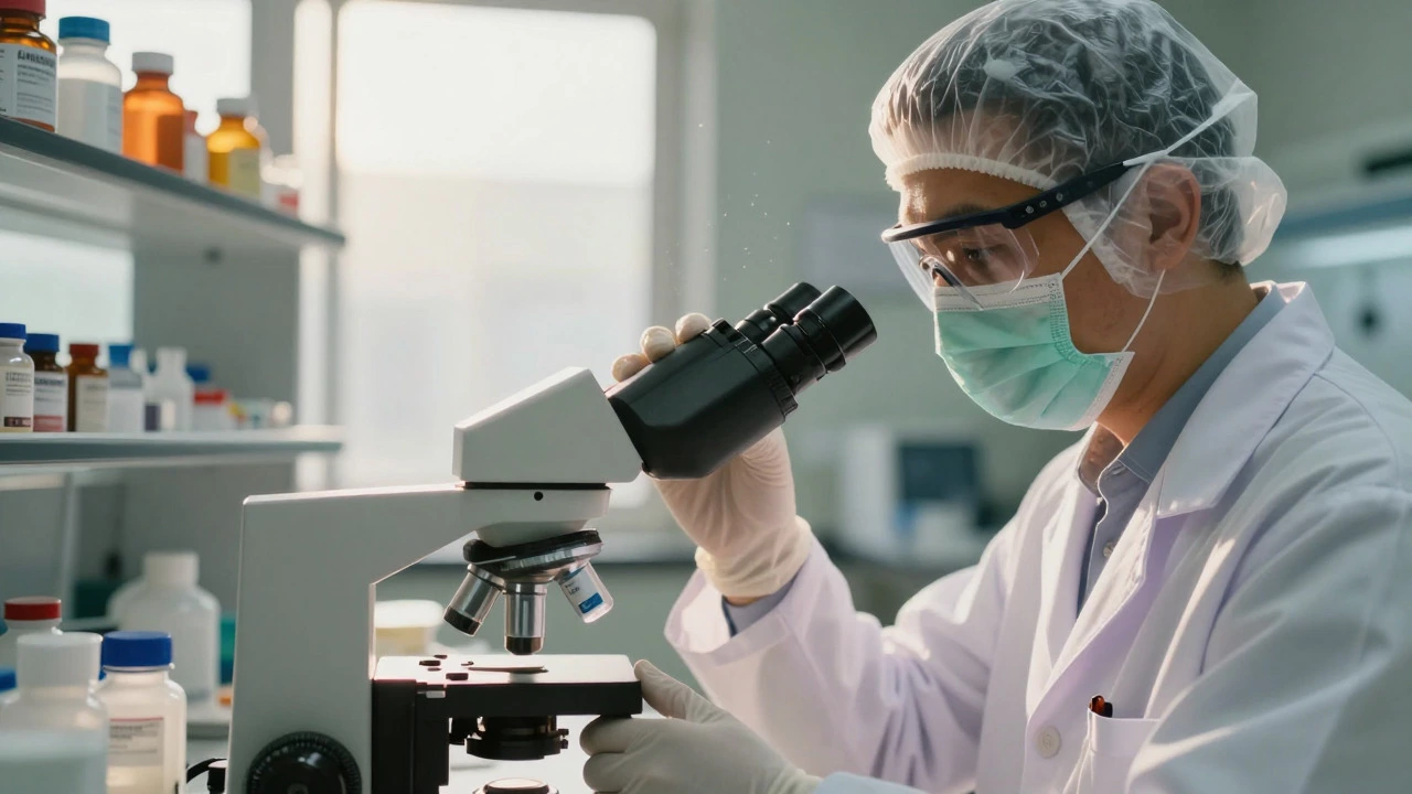 Scientist inspecting generic medicines in a bright pharmaceutical lab