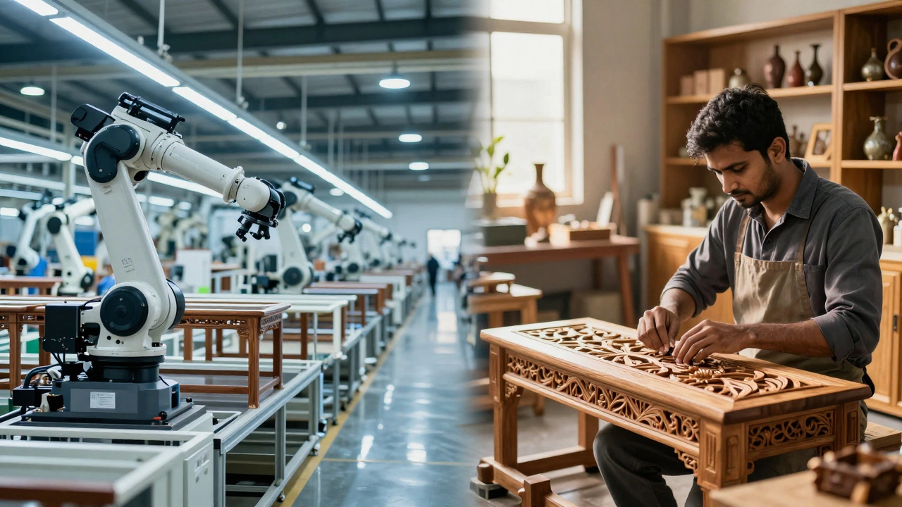 Split view contrasting automated factory robotics with traditional hand-carved woodworking.