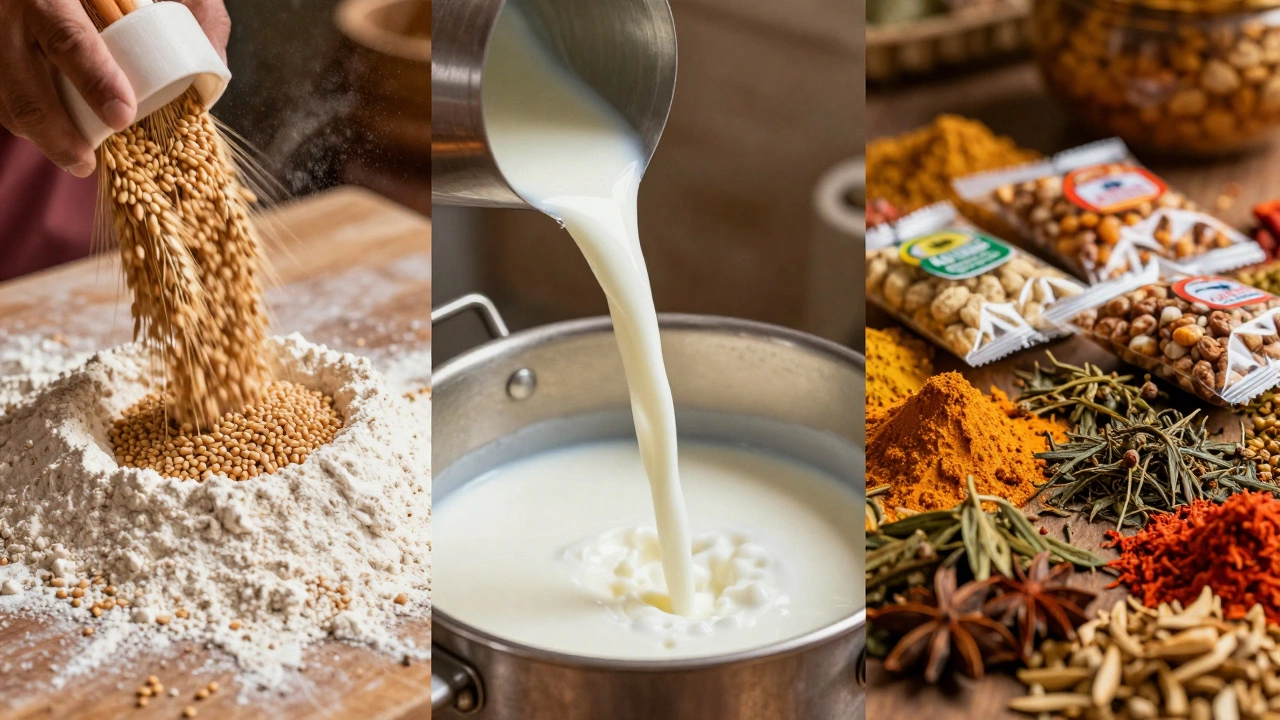 Split view of wheat milling, milk pasteurization, and snack packaging in food processing.
