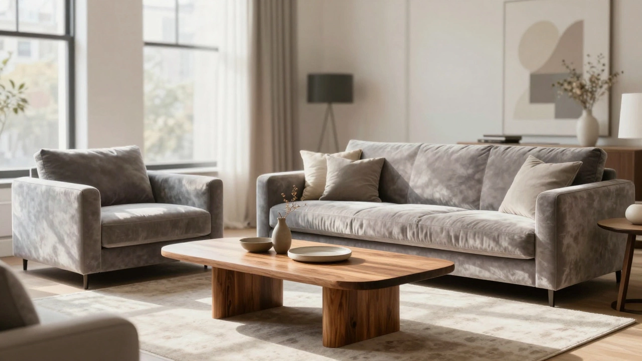 Sunlit modern living room featuring luxury imported sofa and handcrafted wooden table.