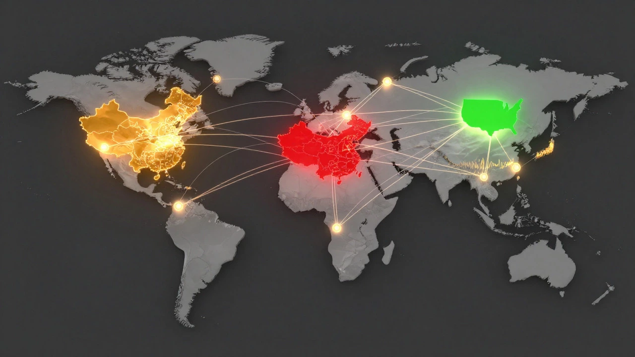 Abstract global map showing interconnected manufacturing hubs in China, USA, and India