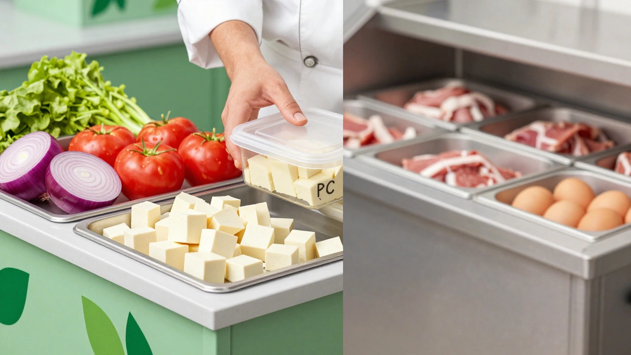 Chef separating vegetable prep from non-veg items in a professional kitchen