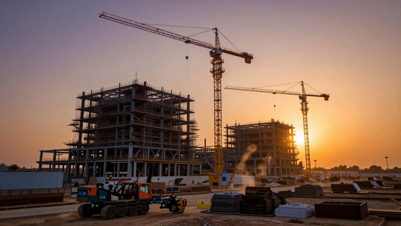 Construction site of new semiconductor factory at sunset in Gujarat