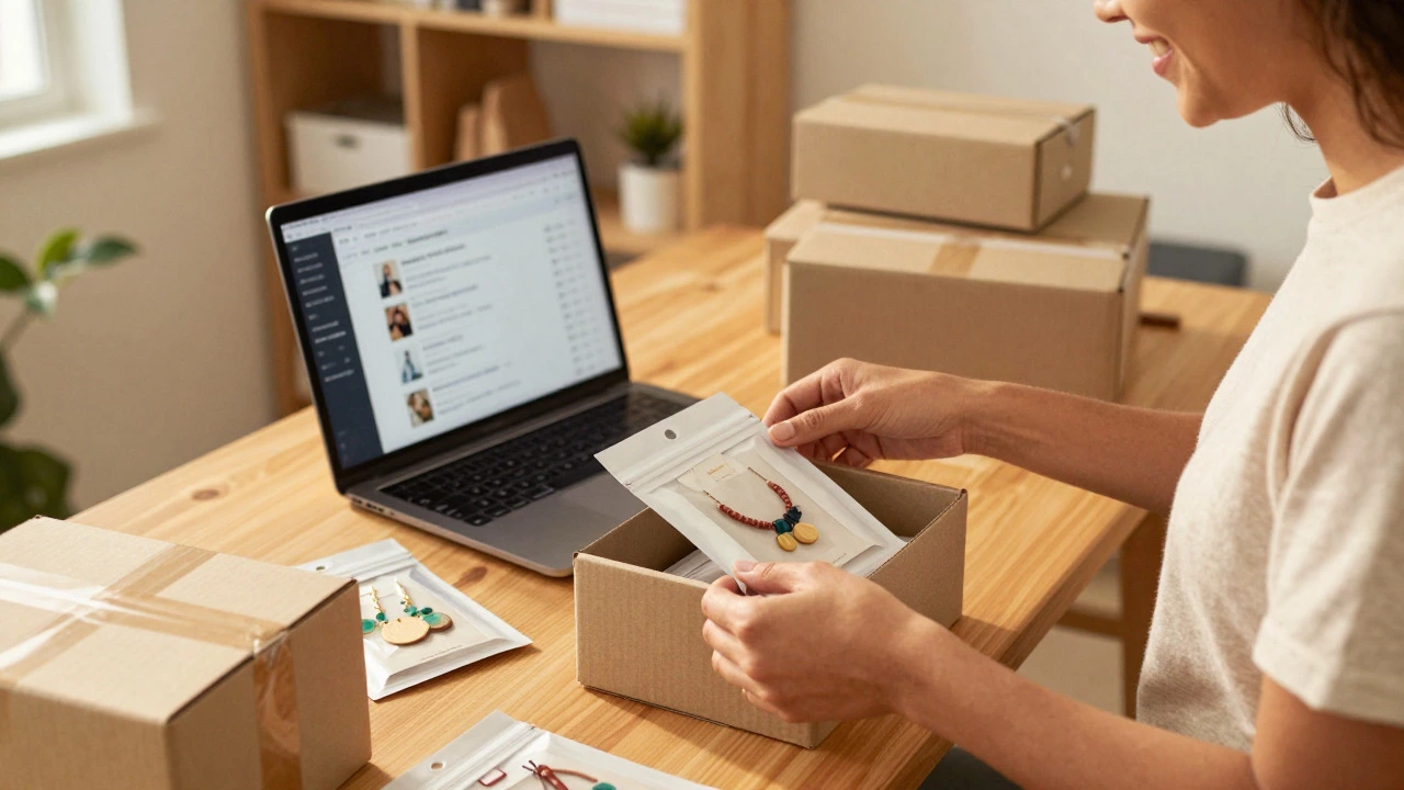 Entrepreneur packing handmade goods for online shipping at home
