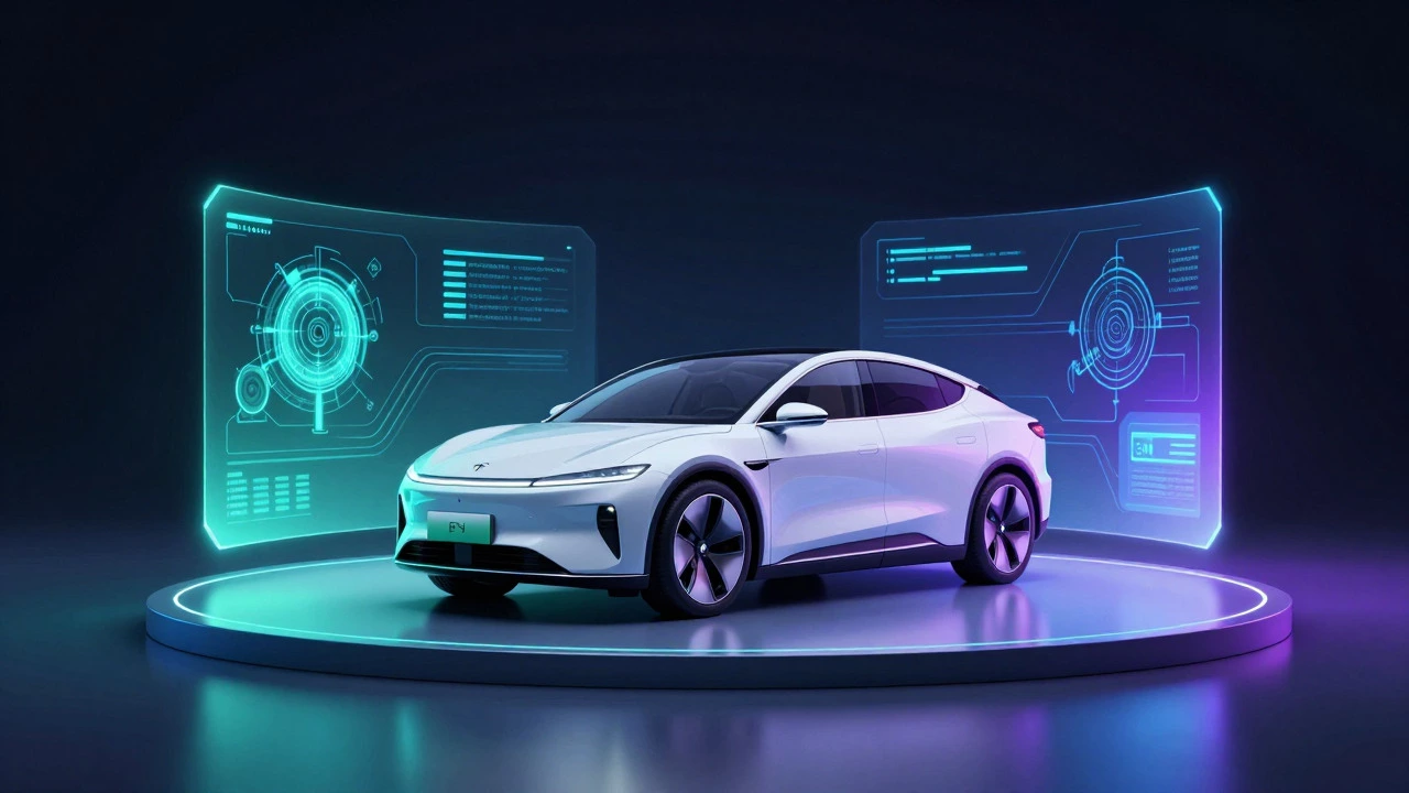 Futuristic electric car concept surrounded by abstract energy and data visuals