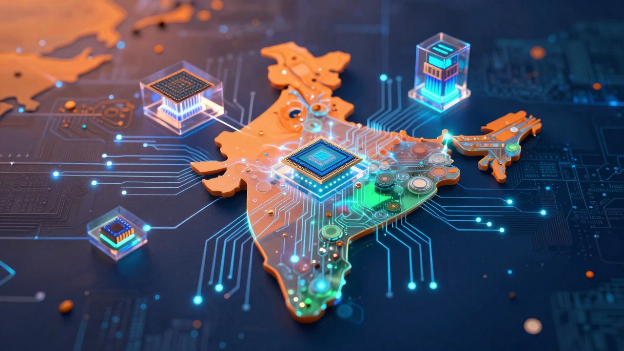 Glowing circuit map of India showing tech hubs and supply chains
