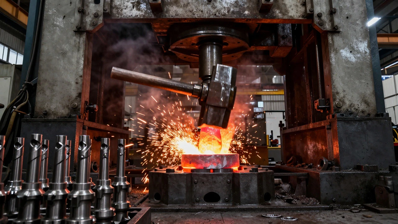 Hydraulic press forging hot metal into a shaped component
