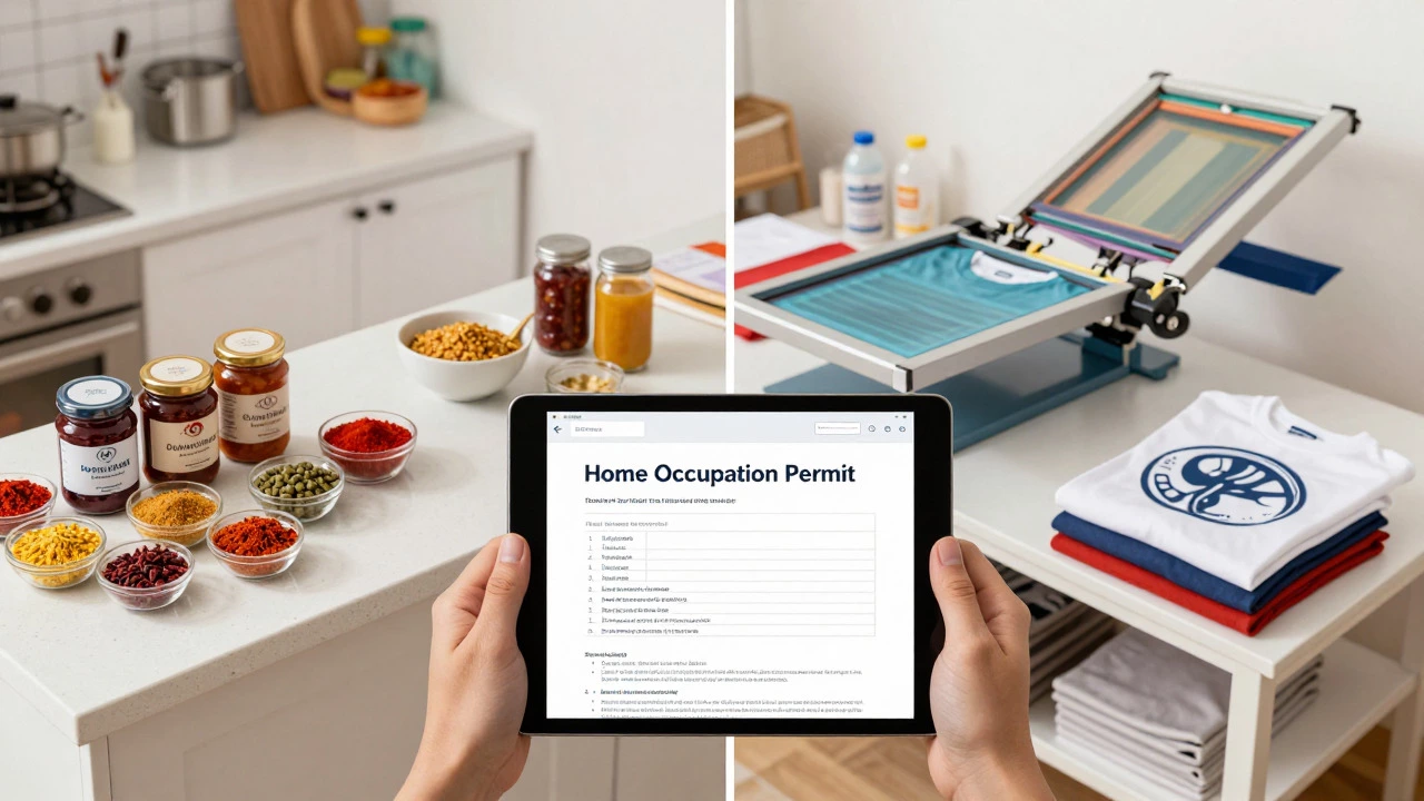 Split view of home food prep and textile printing with permit docs