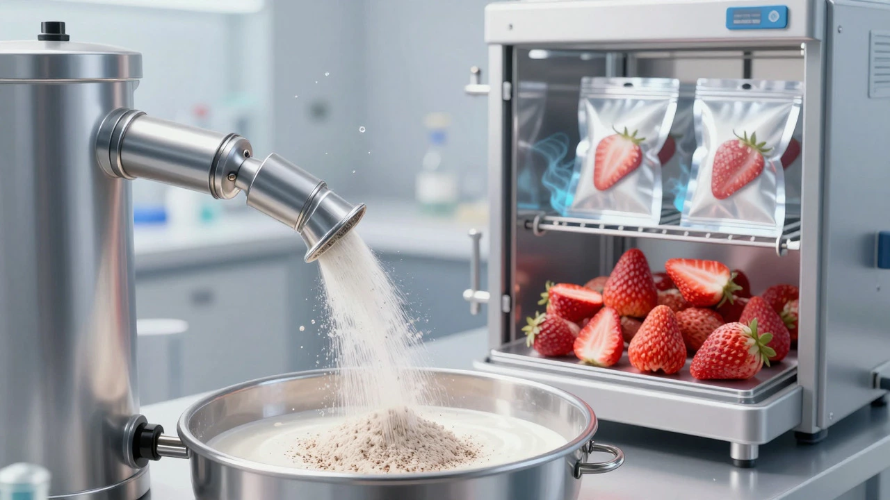 Spray drying, freeze-drying, and advanced packaging machinery in operation