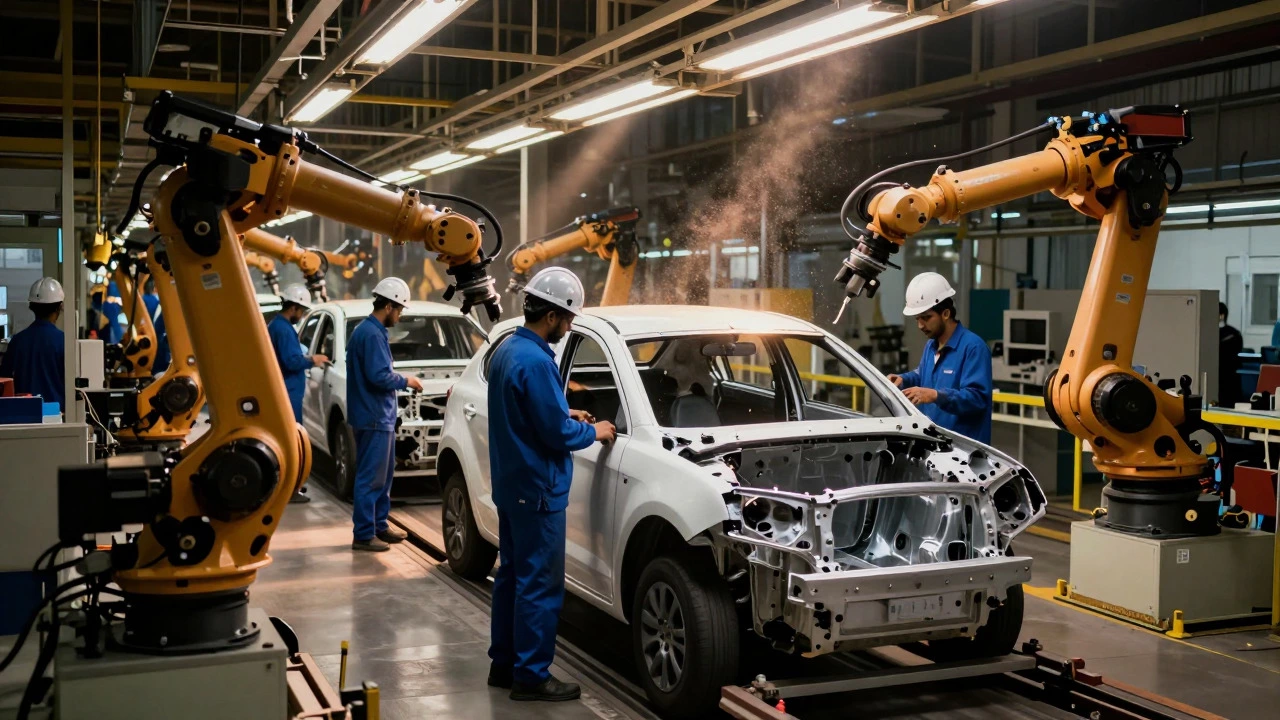 Workers assembling a car on an industrial production line in a Karachi factory