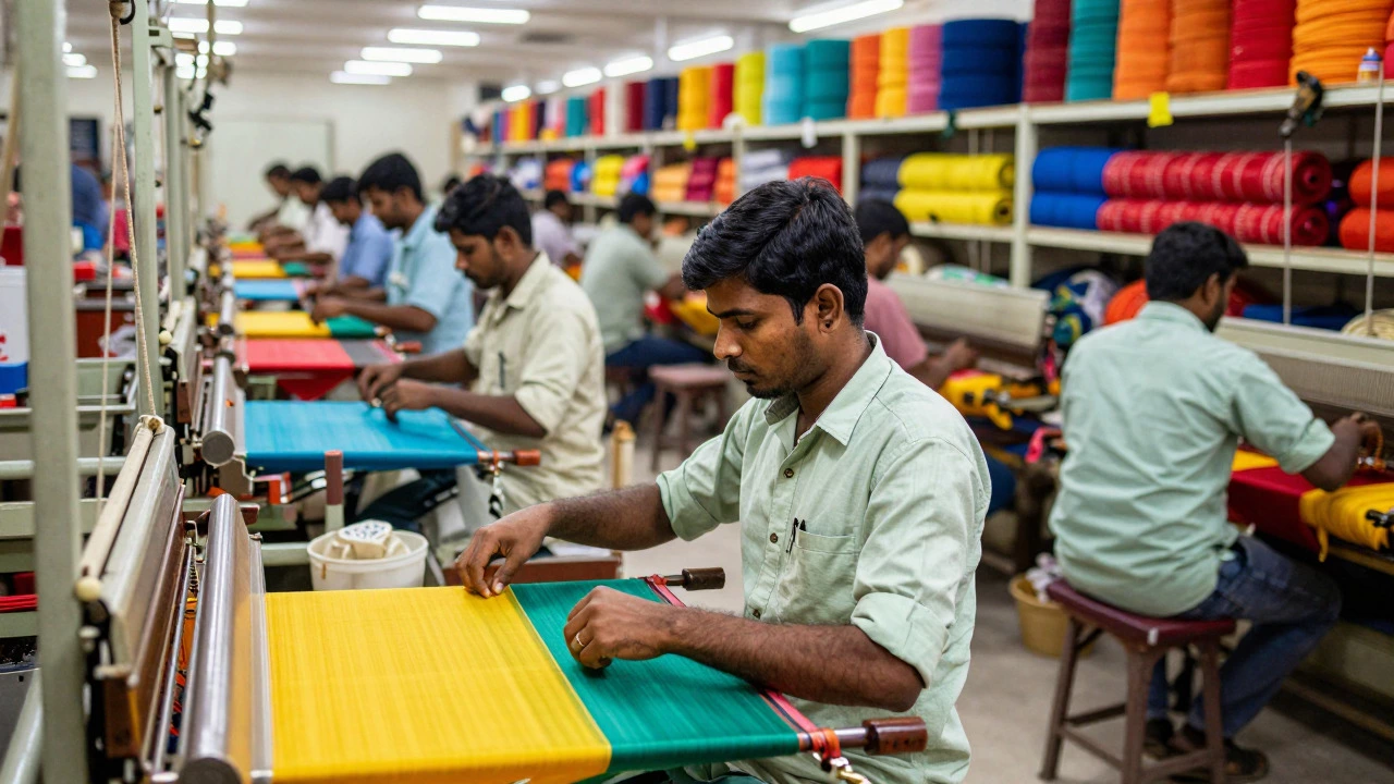 Workers operating automated textile looms in a vibrant Indian factory