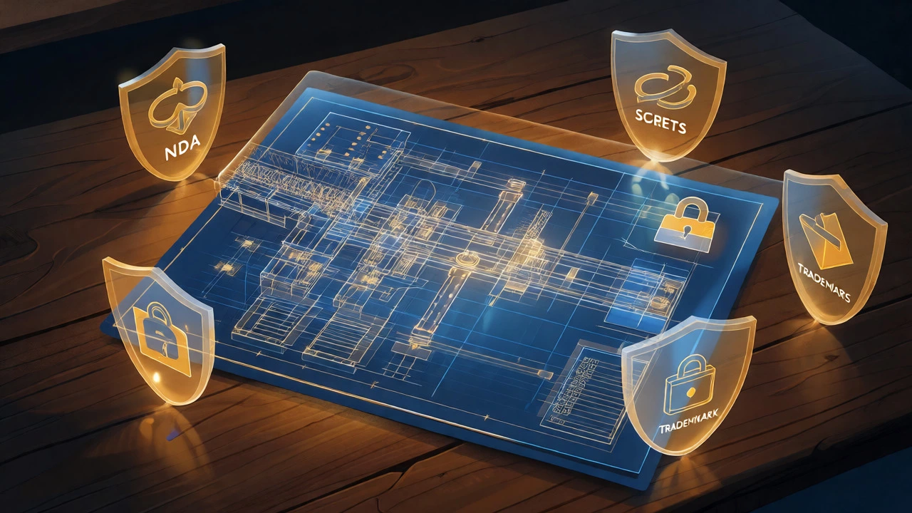 Abstract visual of IP protection shields around blueprints