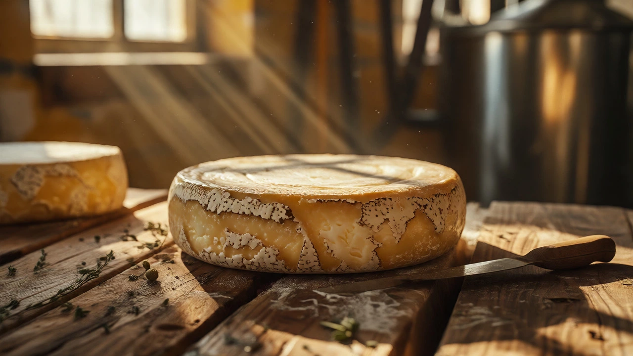 Aged artisanal cheese wheel on wood with natural lighting