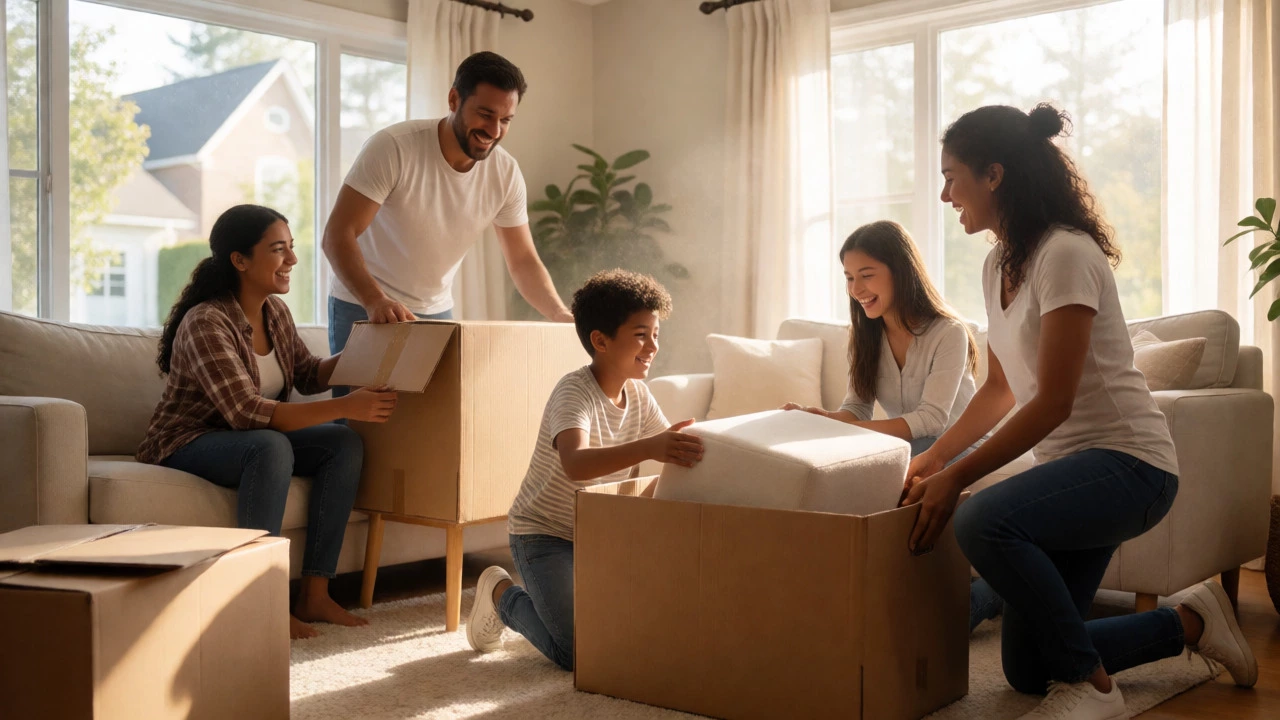 American family unpacking new furniture in a sunlit living room during renovation