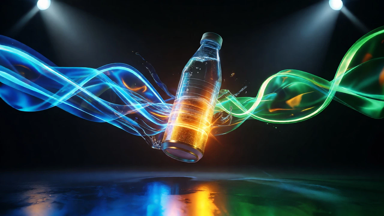 Artistic rendering of water transforming into a premium energy drink