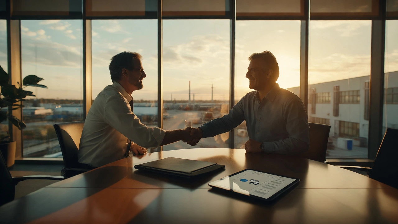 Business partners shaking hands over a licensing deal
