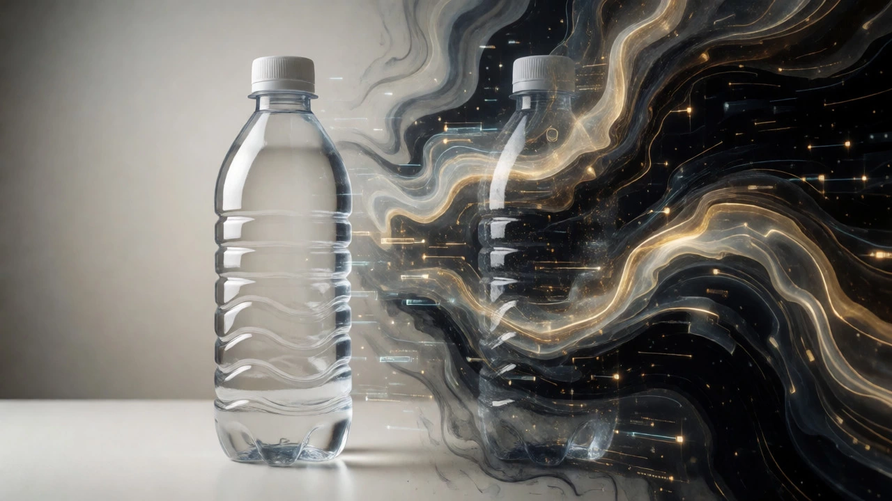 Conceptual image of a plastic bottle transforming into oil and data