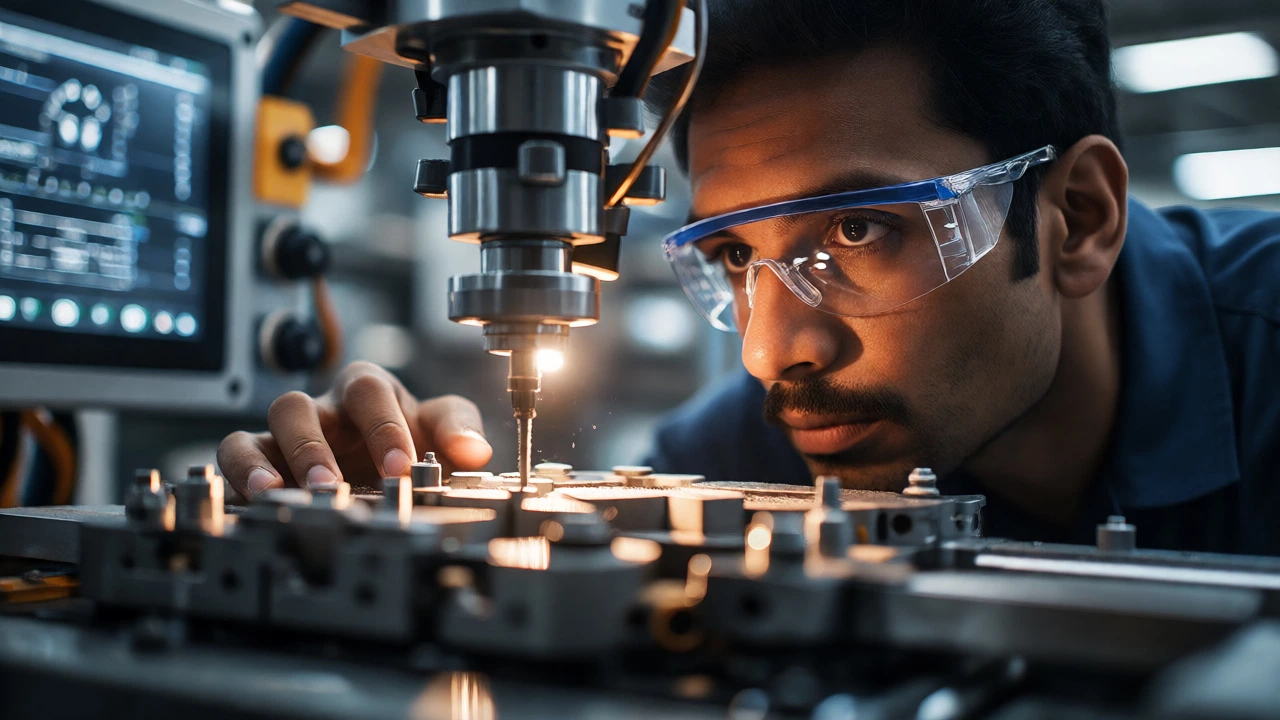 Engineer inspecting machinery component in smart factory