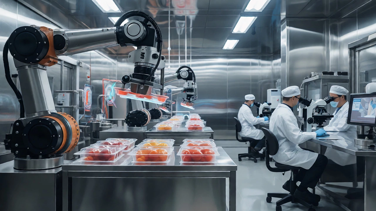 Food processing facility with scientists analyzing nutrient stability