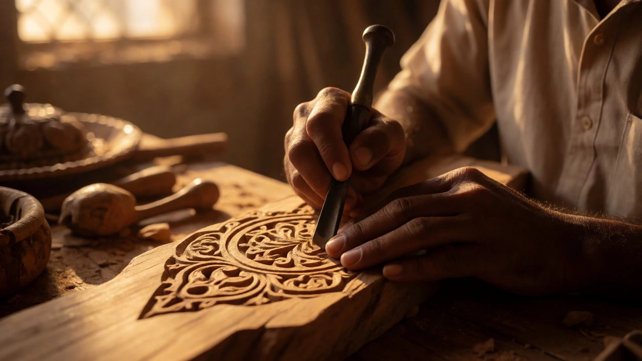 Indian artisan hand-carving intricate designs into solid teak wood in a workshop