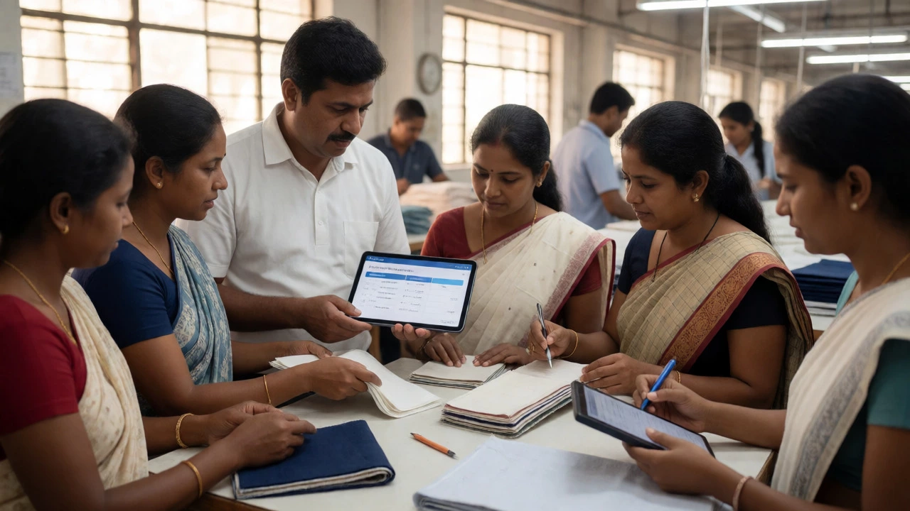 Supervisor mentoring workers on quality control in Tirupur garment factory