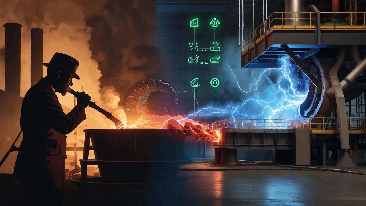 Conceptual transition from Bessemer's era to modern green steel technology