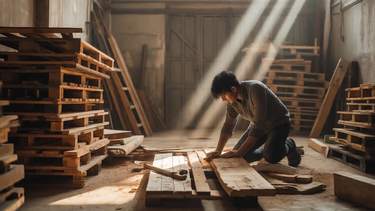 Entrepreneur sanding reclaimed wood in a garage workshop