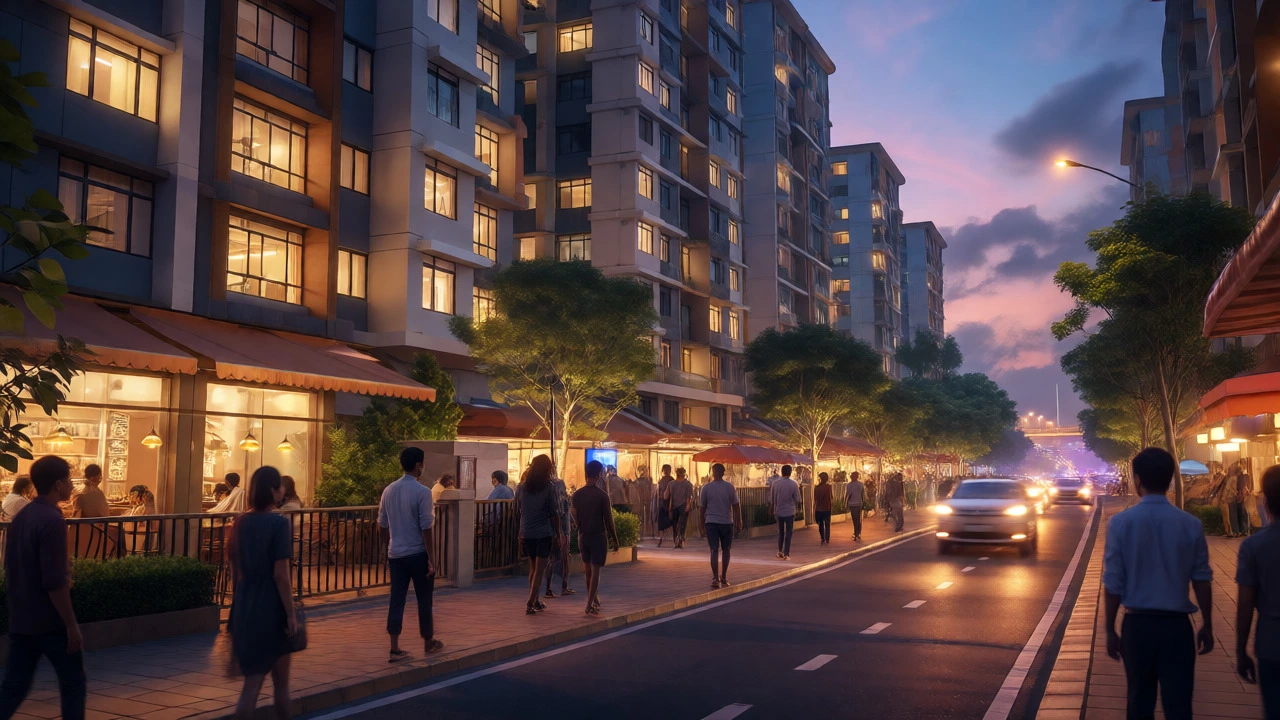Evening street scene in Electronic City residential area with commuters