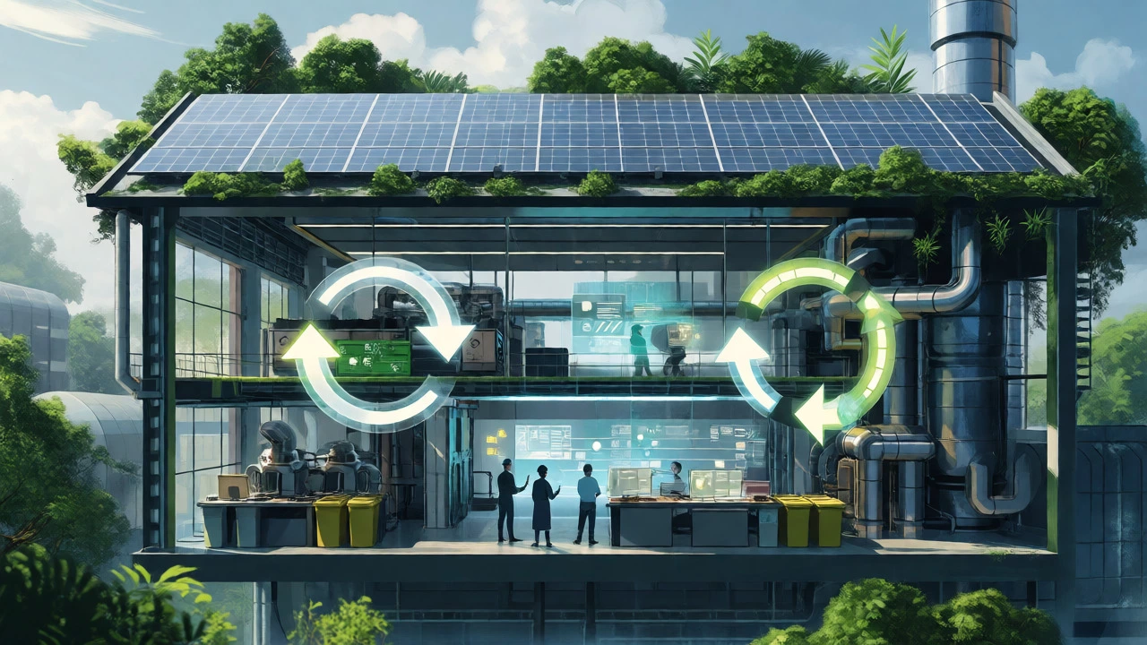 Futuristic sustainable factory with solar and green tech