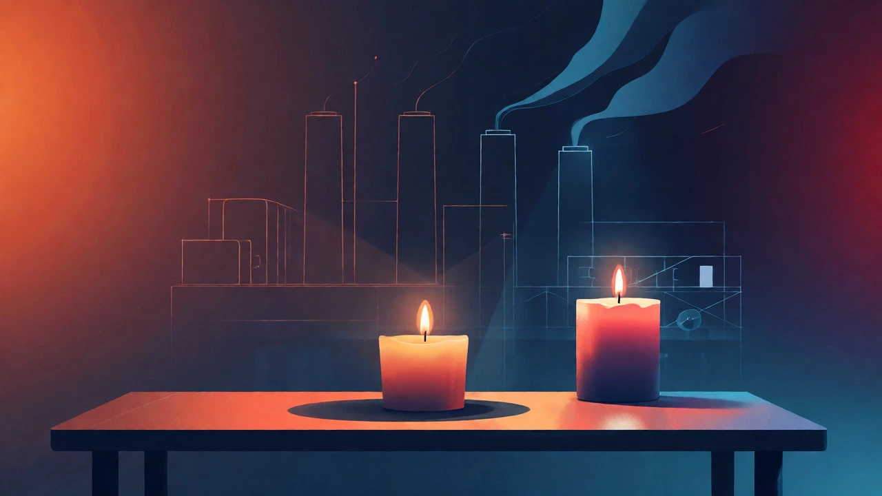 Glowing handmade candle with factory silhouette in background