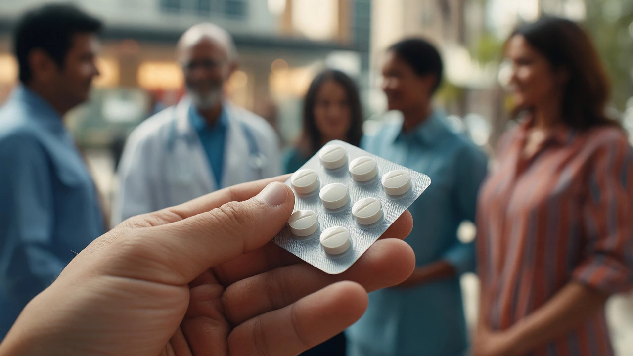 Hand holding Cipla medicine blister pack with blurred community background